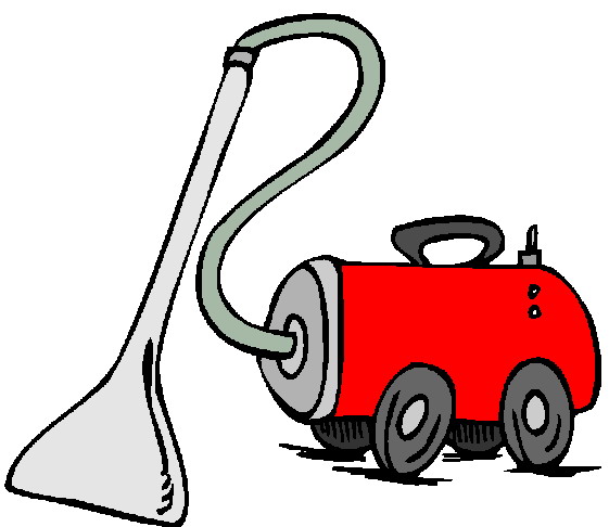 Red cartoon-style canister vacuum cleaner with hose and floor nozzle on white background.