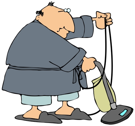 Man in robe and slippers using a vacuum cleaner at home.