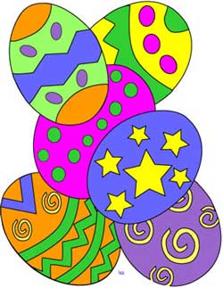 Colorful hand-drawn Easter eggs with stars, dots, swirls, and zigzags in vibrant green, pink, blue, orange, and purple.