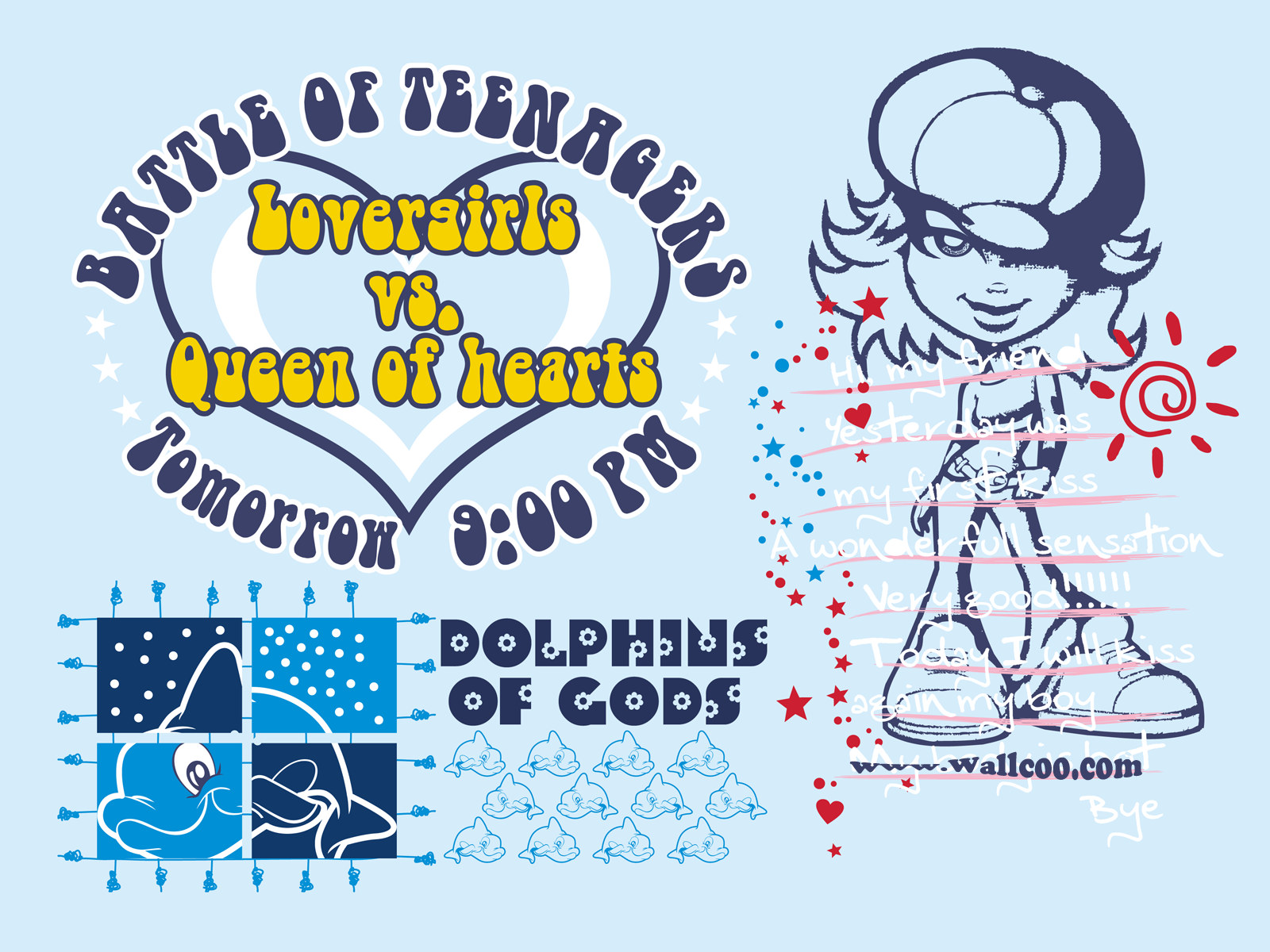 Promotional graphic for "Battle of Teenagers: Loversgirls vs. Queen of Hearts" event with cartoon girl, dolphins, and heart motif.