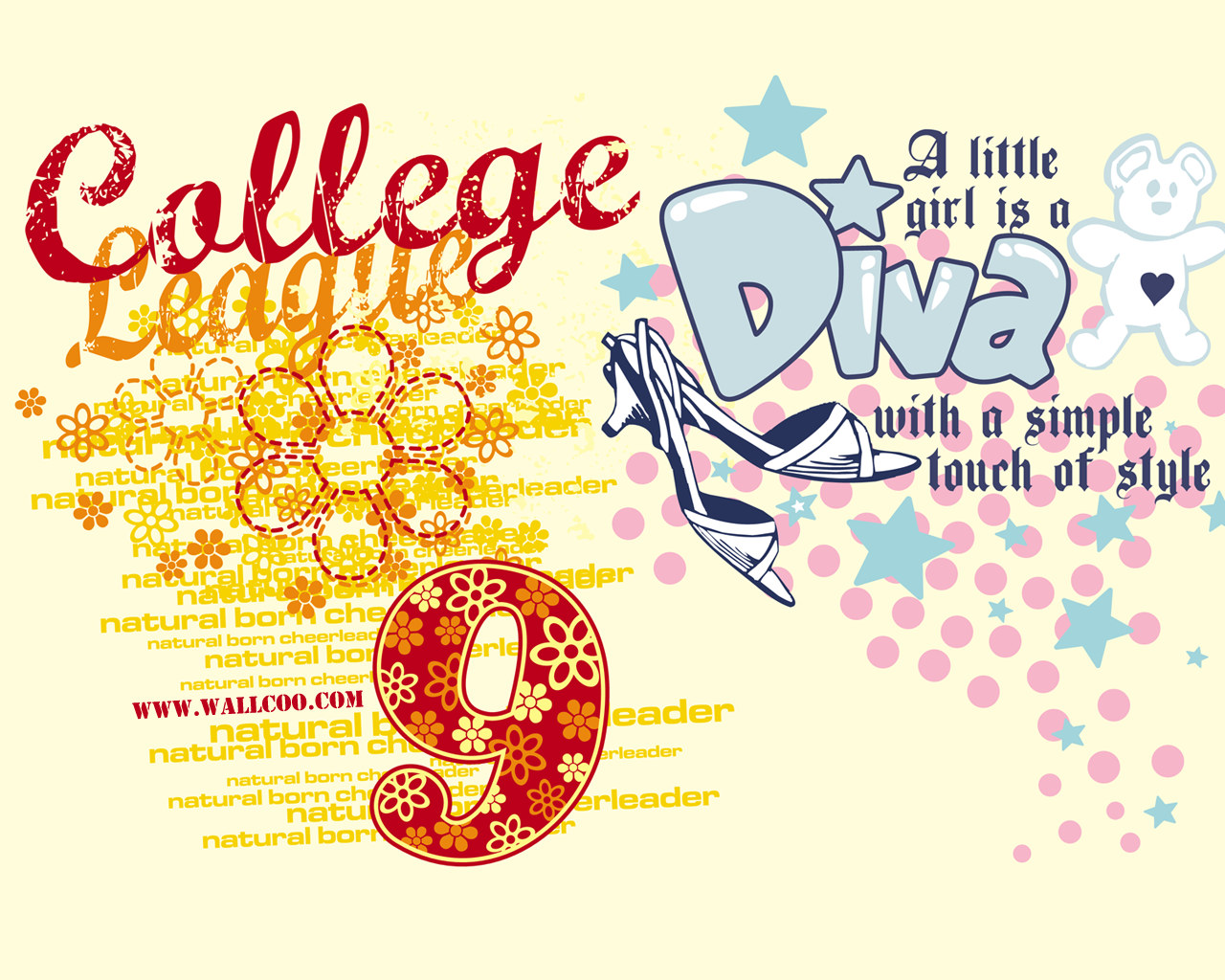 Colorful graphic design featuring "College League 9" text, high heels, stars, flowers, and a teddy bear with heart, styled for cheerleading theme.