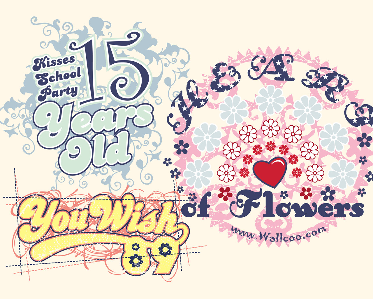 Vintage-style graphic celebrating "15 Years Old" with floral motifs, hearts, and retro typography for a school party theme.