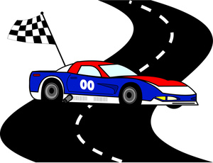 Blue and red race car with number 00 speeding on a winding black track, checkered flag waving above.