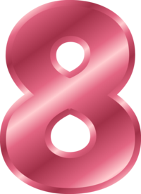 Glossy pink 3D number eight with metallic sheen and highlights on transparent background.