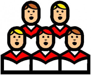 Five cartoon choir members in red robes singing, arranged in two rows.