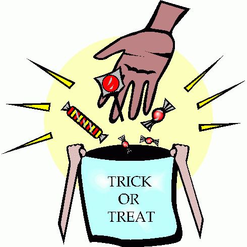 A hand dropping colorful candies into a "Trick or Treat" bag with sparkles around.