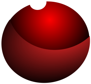 A glossy red sphere with a bite-shaped notch and smooth gradient shading.