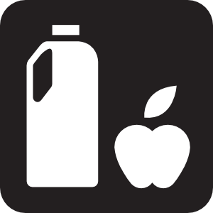 White milk jug and apple icon on black background representing healthy food or dairy and fruit.