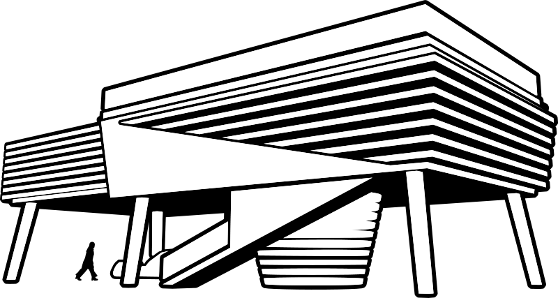 Abstract white geometric structure with layered diagonal lines on black background, evoking modern architecture or data visualization.