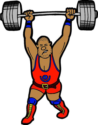 Muscular weightlifter in red singlet lifting heavy barbell overhead with intense effort.