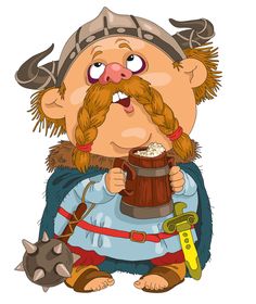 Cheerful cartoon Viking with braided beard, horned helmet, and mug of ale, holding a sword and spiked club.