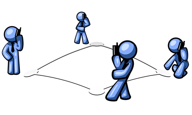 Four blue stick figures connected by lines, each holding a phone, illustrating networked communication or teamwork.