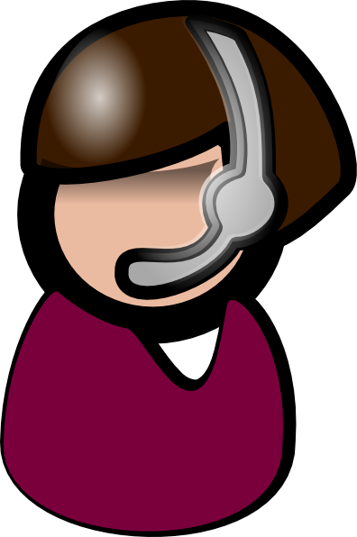 Cartoon-style customer support agent wearing a headset and maroon shirt.