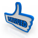 Blue 3D thumbs-up icon with the word "SATISFIED" in bold blue letters on a white background.