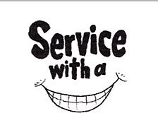 Hand-drawn smiling face with text "Service with a" above, conveying friendly customer service.