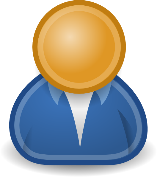 Generic user profile icon with blue suit, white shirt, and gold circular head