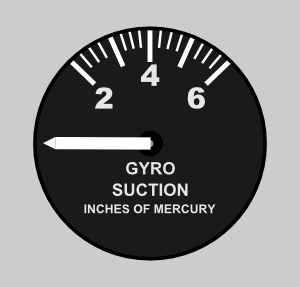 Gyro suction gauge showing 2 inches of mercury, black face with white markings and needle pointing left.
