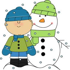 A cheerful cartoon child in a blue hat and green coat stands beside a smiling snowman wearing a green hat and scarf, with falling snowflakes.