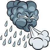 Angry cartoon storm cloud blowing wind and rain with a fierce expression.