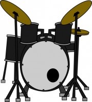 Cartoon-style drum set with black shells, silver hardware, and gold cymbals on a white background.