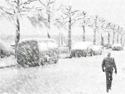 Winter Storm Scene: Solitary Walker in Snowy Urban Street