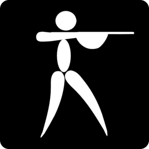 White stick figure aiming a rifle on black background, minimalist shooting sport icon.