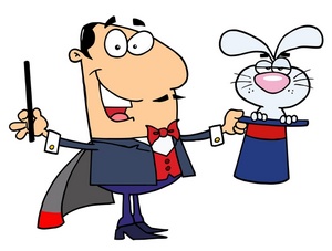 A smiling magician in a tuxedo and cape pulls a white rabbit from a top hat with a wand in hand.
