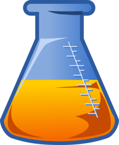 Blue conical flask with orange liquid and measurement markings, cartoon-style lab equipment illustration.