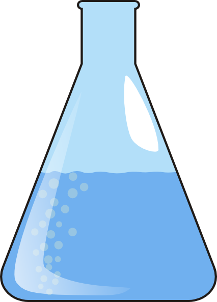 Blue liquid with bubbles in a conical Erlenmeyer flask, illustrating a chemical reaction or lab experiment.