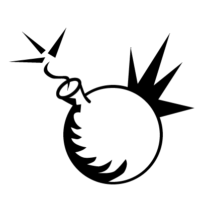 Black-and-white cartoon bomb with lit fuse and explosion spikes, symbolizing danger or urgency.