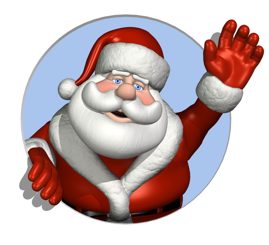 Jolly 3D Santa Claus waving cheerfully in a circular frame with red suit and white beard.