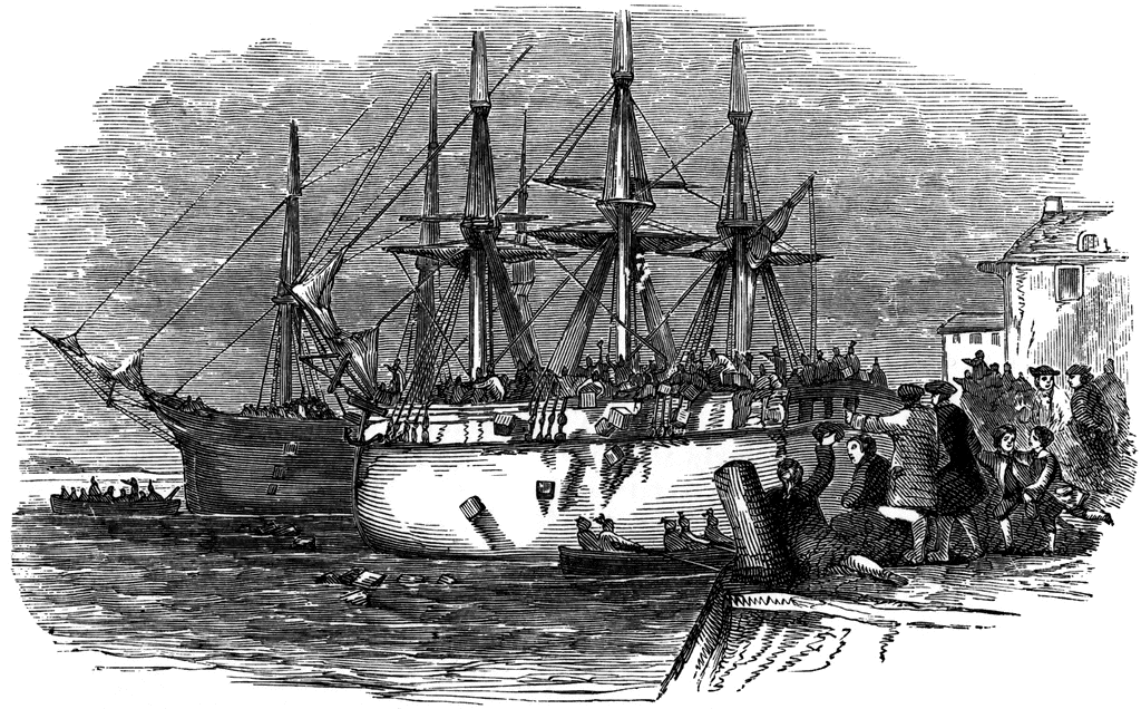 Historical engraving of a 19th-century sailing ship docked at port with crowds gathered on deck and shore, small boats nearby.