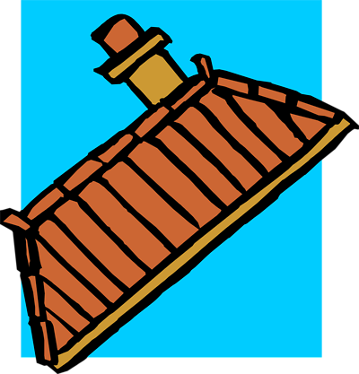Cartoon-style illustration of a red-tiled roof with a chimney against a bright blue sky.