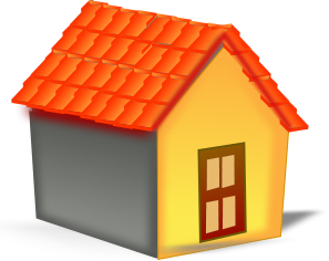 3D illustration of a cozy yellow house with orange tiled roof and brown door, casting a soft shadow.