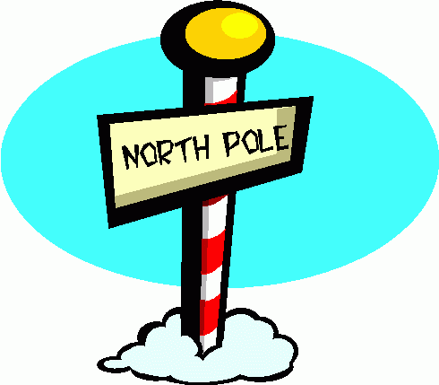 Cartoon-style North Pole signpost with red-and-white striped pole, yellow top, and cloud base against light blue background.