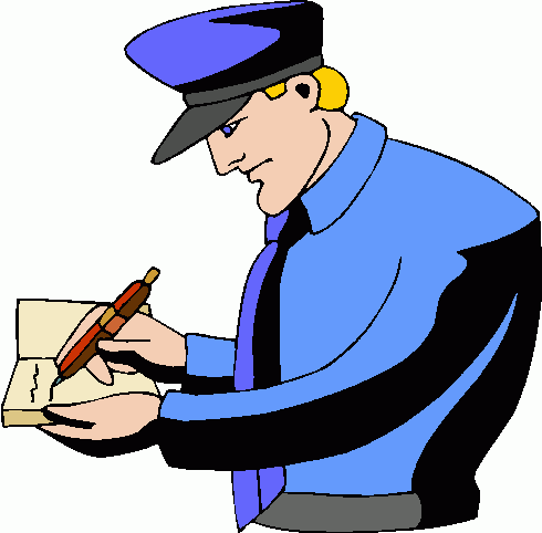 Police officer in blue uniform writing notes in a notepad with a red pen.