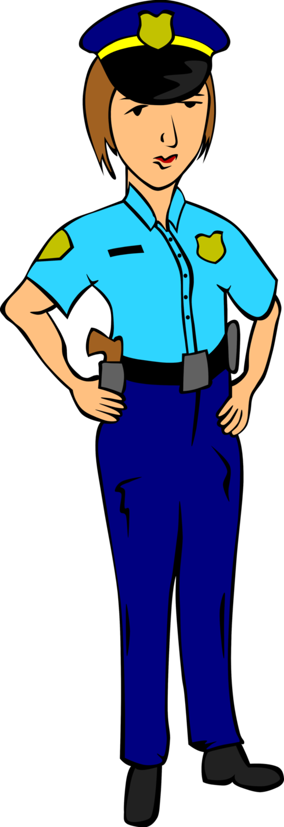 Female police officer in blue uniform with badge, hat, and sidearm, standing confidently with hands on hips.