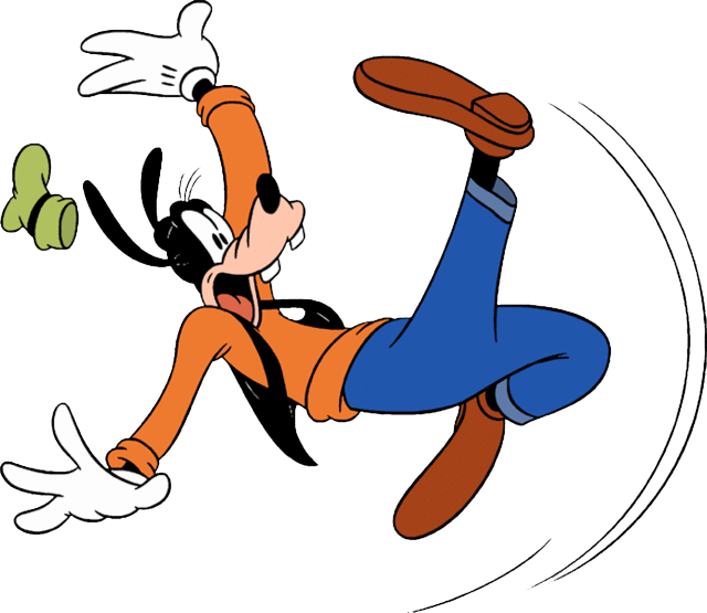 Goofy slipping and falling backward with arms flailing, hat flying off, against a blue background.