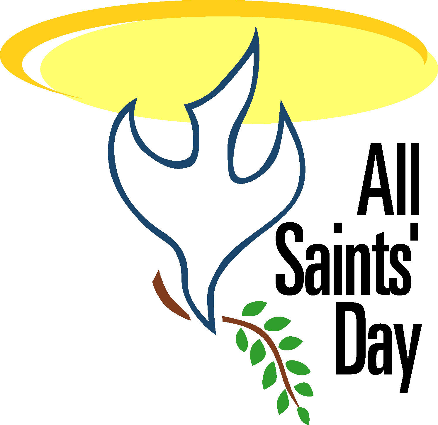 White dove with olive branch under golden halo, symbolizing All Saints' Day.