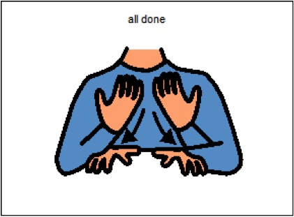 Person in blue shirt placing hands over chest with "all done" text above, signaling completion or closure.