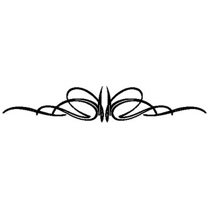 Elegant black-and-white symmetrical flourish design with flowing curves and central vertical motif.