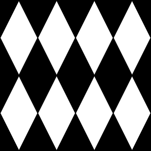 Black and white diamond pattern background with alternating filled and empty rhombuses.