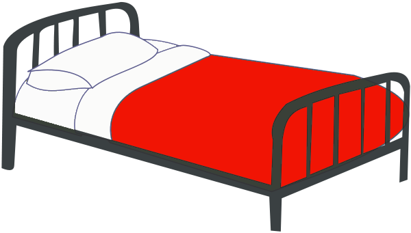 Simple metal-framed single bed with white pillow and red blanket, illustrated in clean line art style.