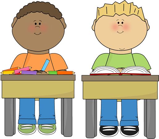 Two diverse cartoon children sitting at desks with books and school supplies, smiling.