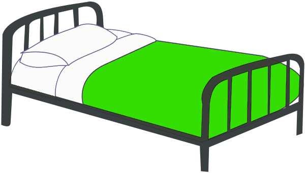 Simple metal-framed single bed with white pillow and sheet, green blanket folded neatly at foot.