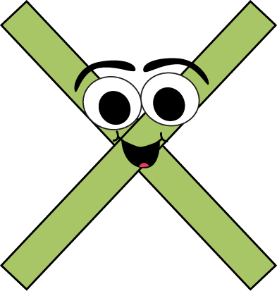 Cheerful green X-shaped character with big eyes and a smile on black background.