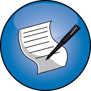 Blue circular icon with a pen writing on a document, symbolizing content creation or editing.
