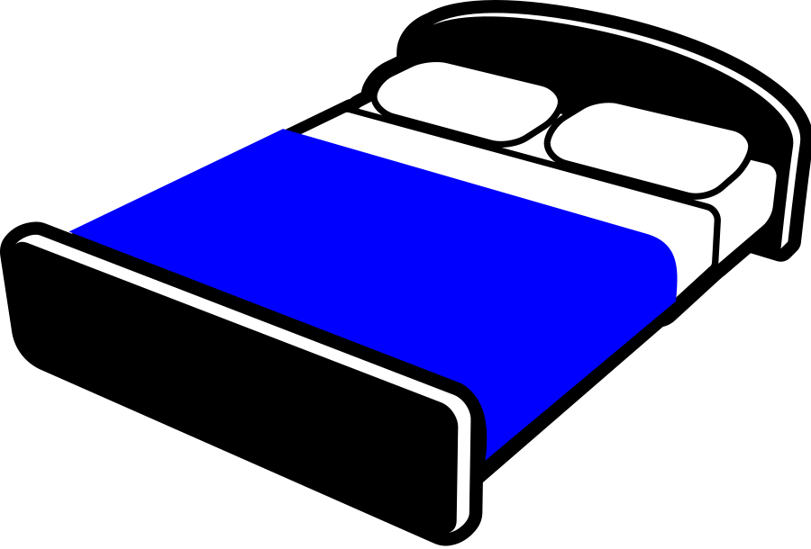 Simple illustration of a double bed with blue blanket and two white pillows on black background.