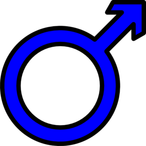 Blue male gender symbol (Mars symbol) on black background, representing masculinity or male sex.
