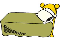 A cartoon-style bed with a green blanket, white pillow, and yellow headboard, suggesting rest or sleep.